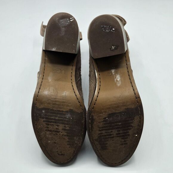 UGG Fraise Whipstitch Suede Ankle Boots Taupe Bow Back Block Heel Booties Size 8 - Picture 7 of 7